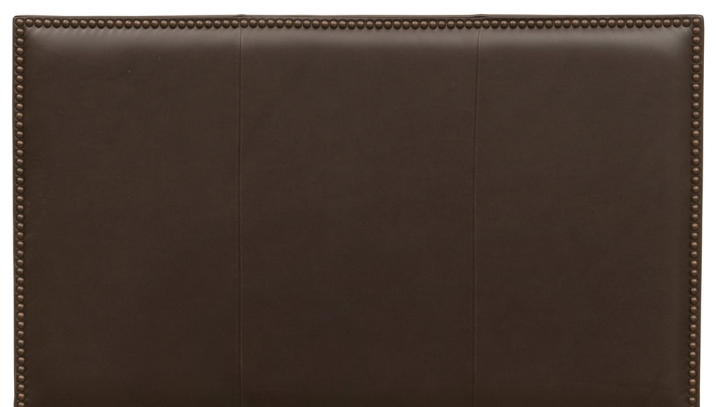Dark brown luxury leather headboard with nail head trim. Made to order in the USA. Your Western Decor
