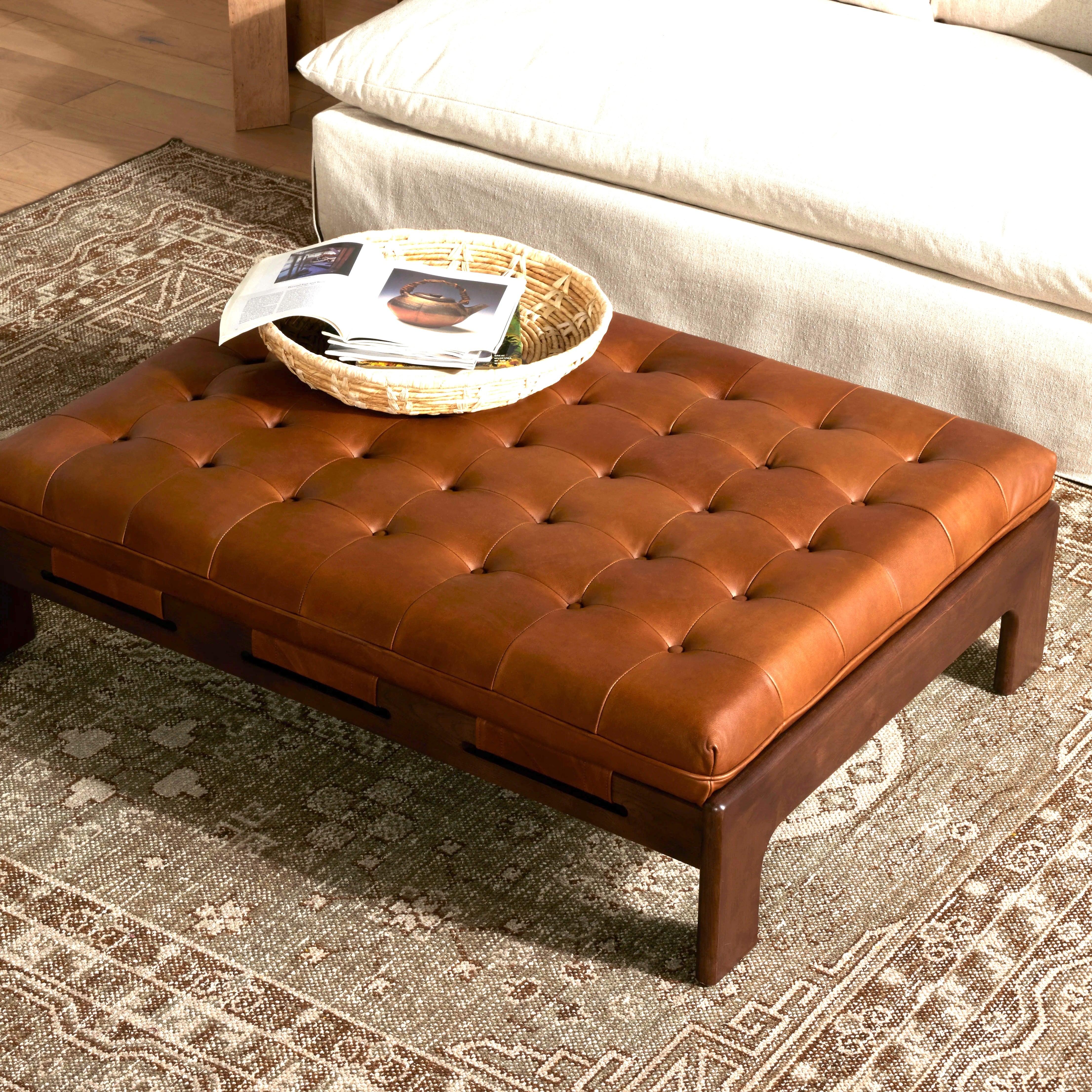 Heirloom Sienna Leather Tufted Ottoman - Your Western Decor