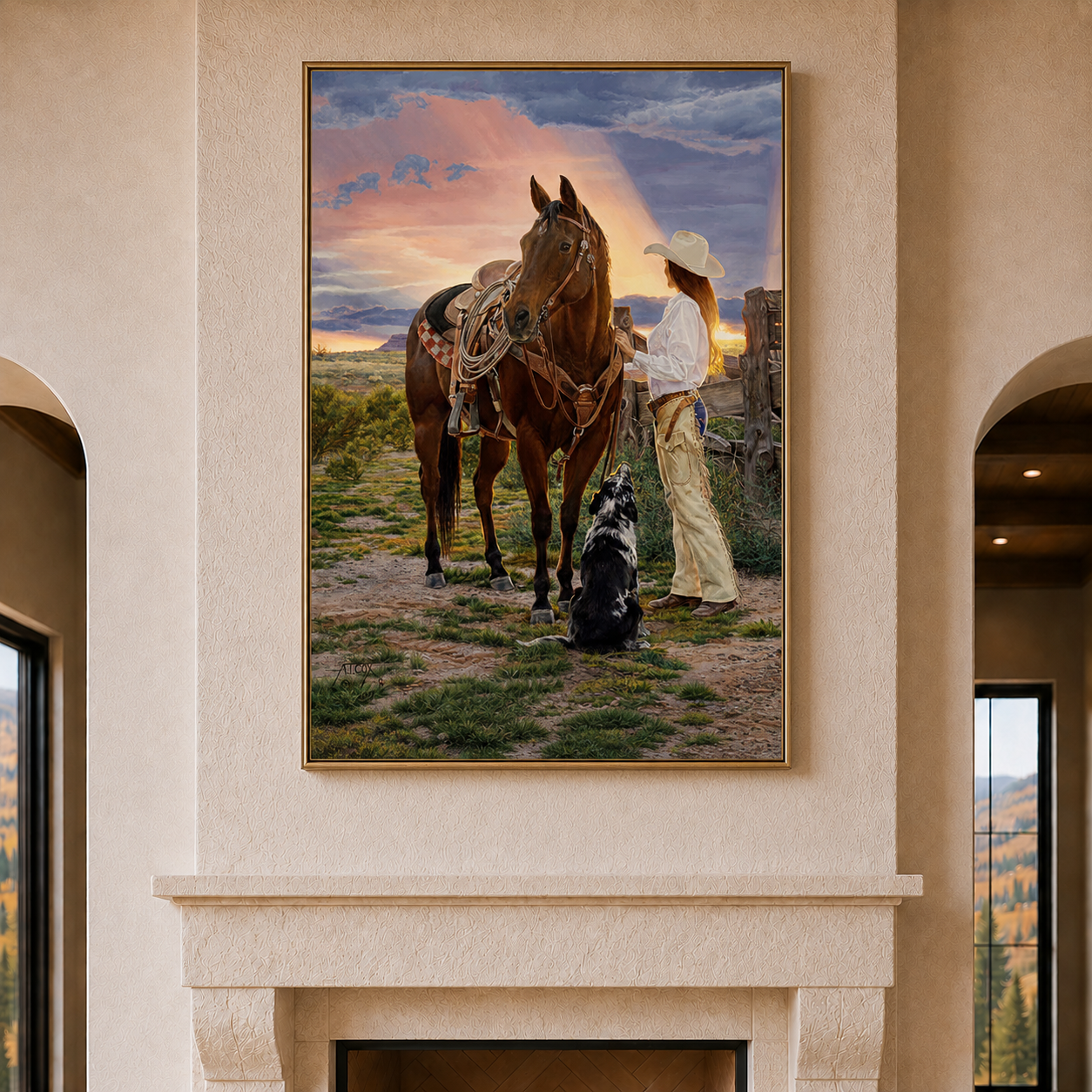 her kind of heaven framed canvas art with horse and cowgirl in the sunset with dog