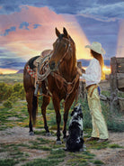 Her Kind Of Heaven western art with cowgirl, dog and saddled horses, art by Tim Cox New Mexico - Your Western Decor