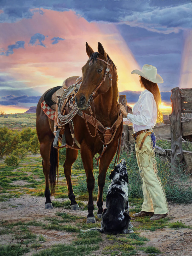 Her Kind Of Heaven western art with cowgirl, dog and saddled horses, art by Tim Cox New Mexico - Your Western Decor