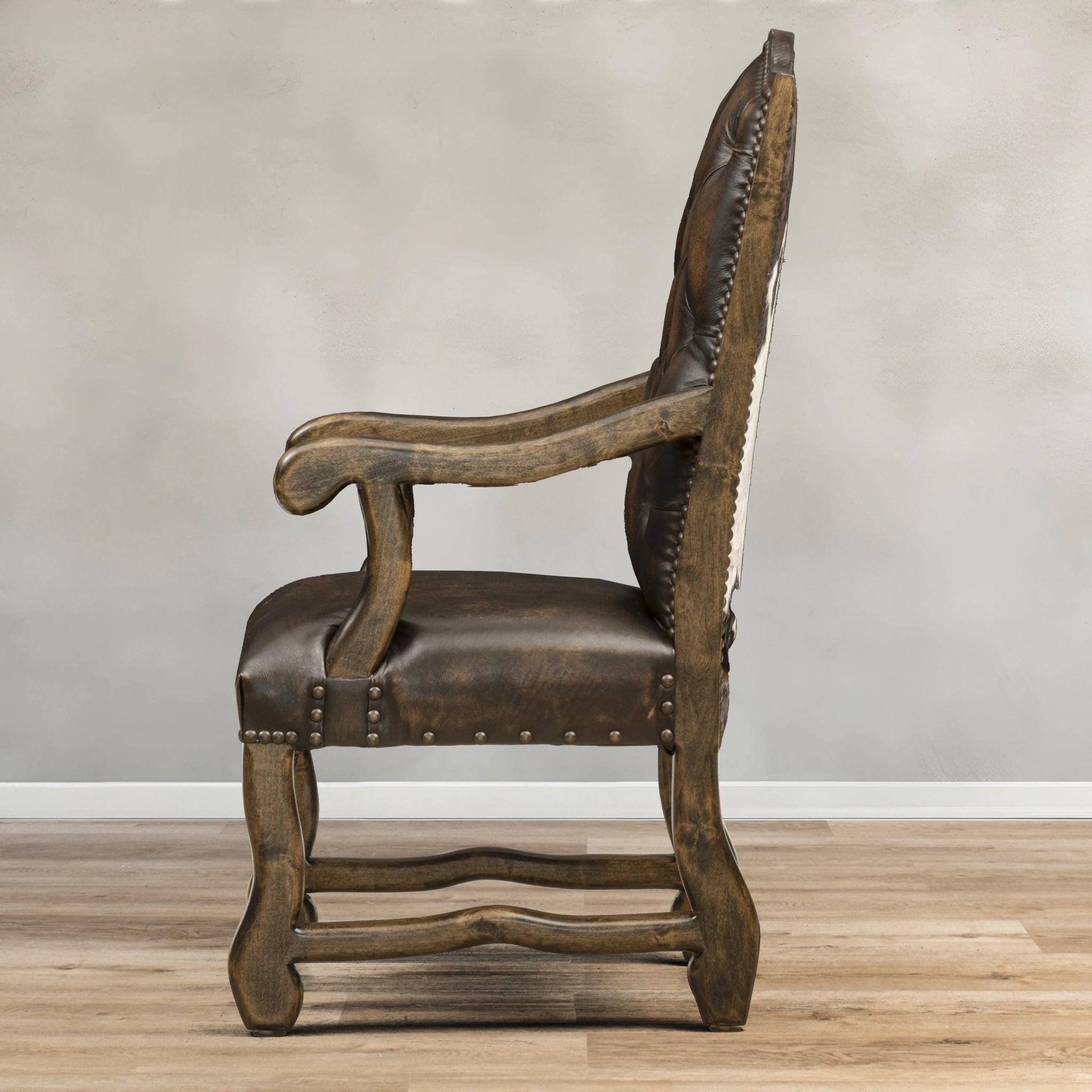 Heritage Tufted Leather Dining Chair with Arms and cowhide back made in the USA - Your Western Decor