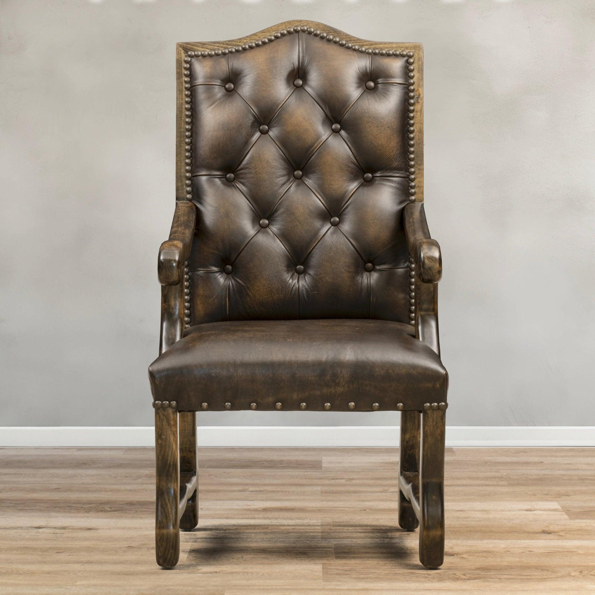 Heritage Tufted Leather Dining Chair with Arms and cowhide back made in the USA - Your Western Decor