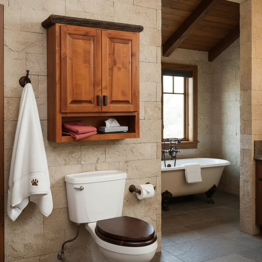 Bathroom with wooden cabinet above toilet, white toilet, and bathtub in background - Your Western Decor