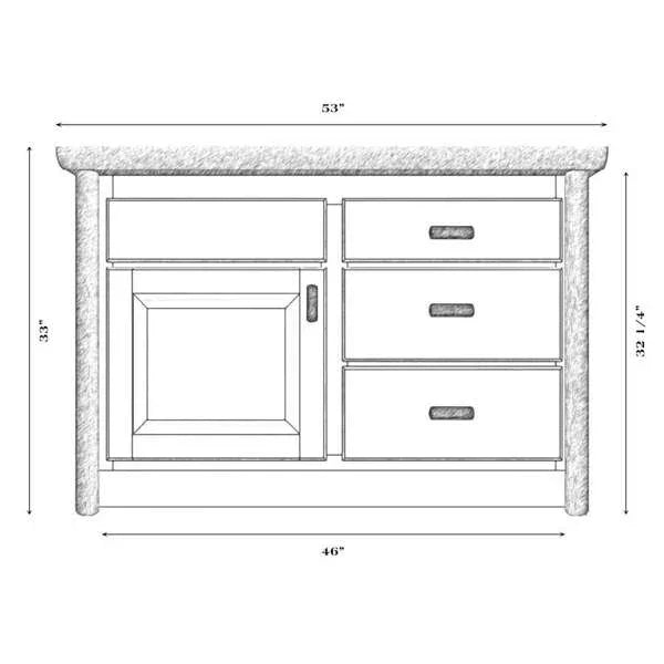 Technical drawing of a wooden vanity with dimensions - Your Western Decor