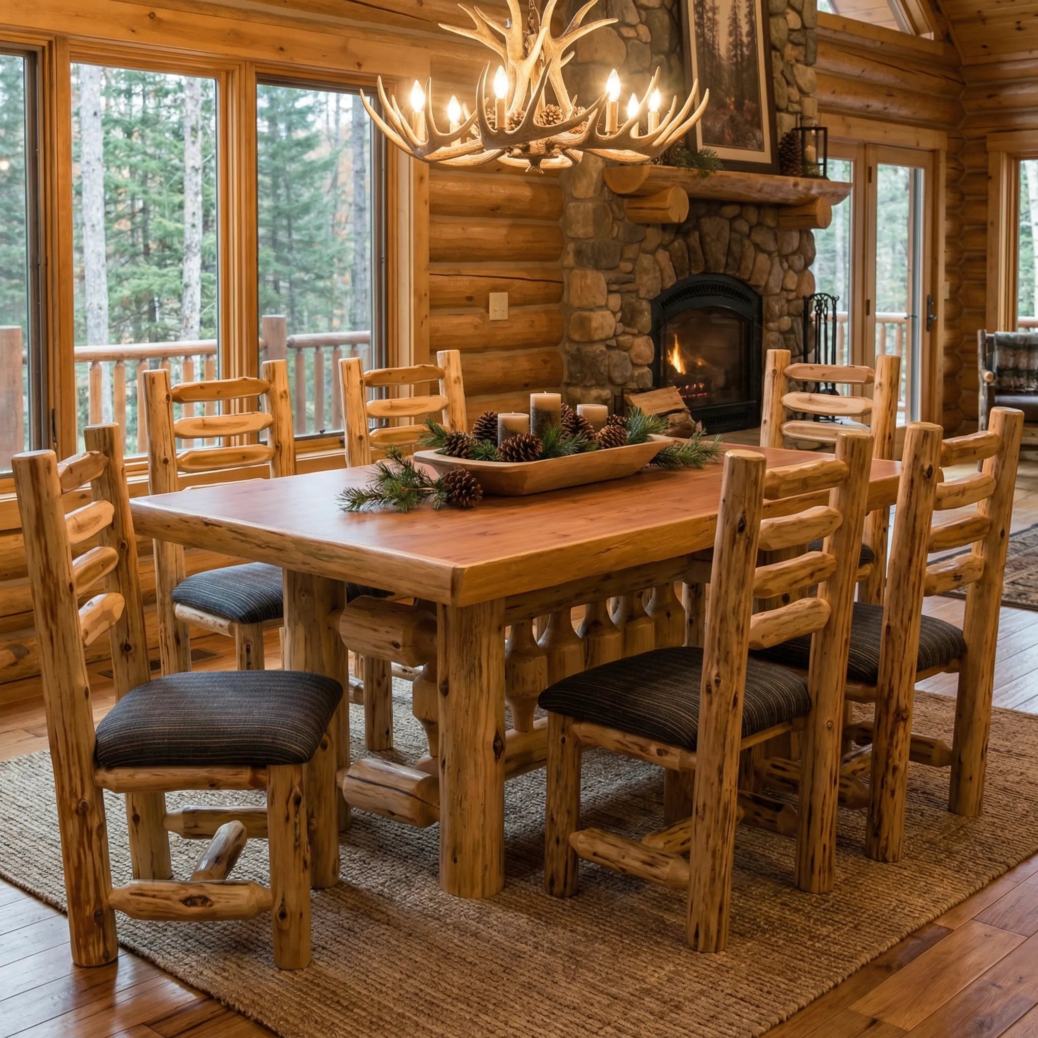 Rectangle cedar log dining table and chairs in log cabin rustic dining room with anter chandelier 