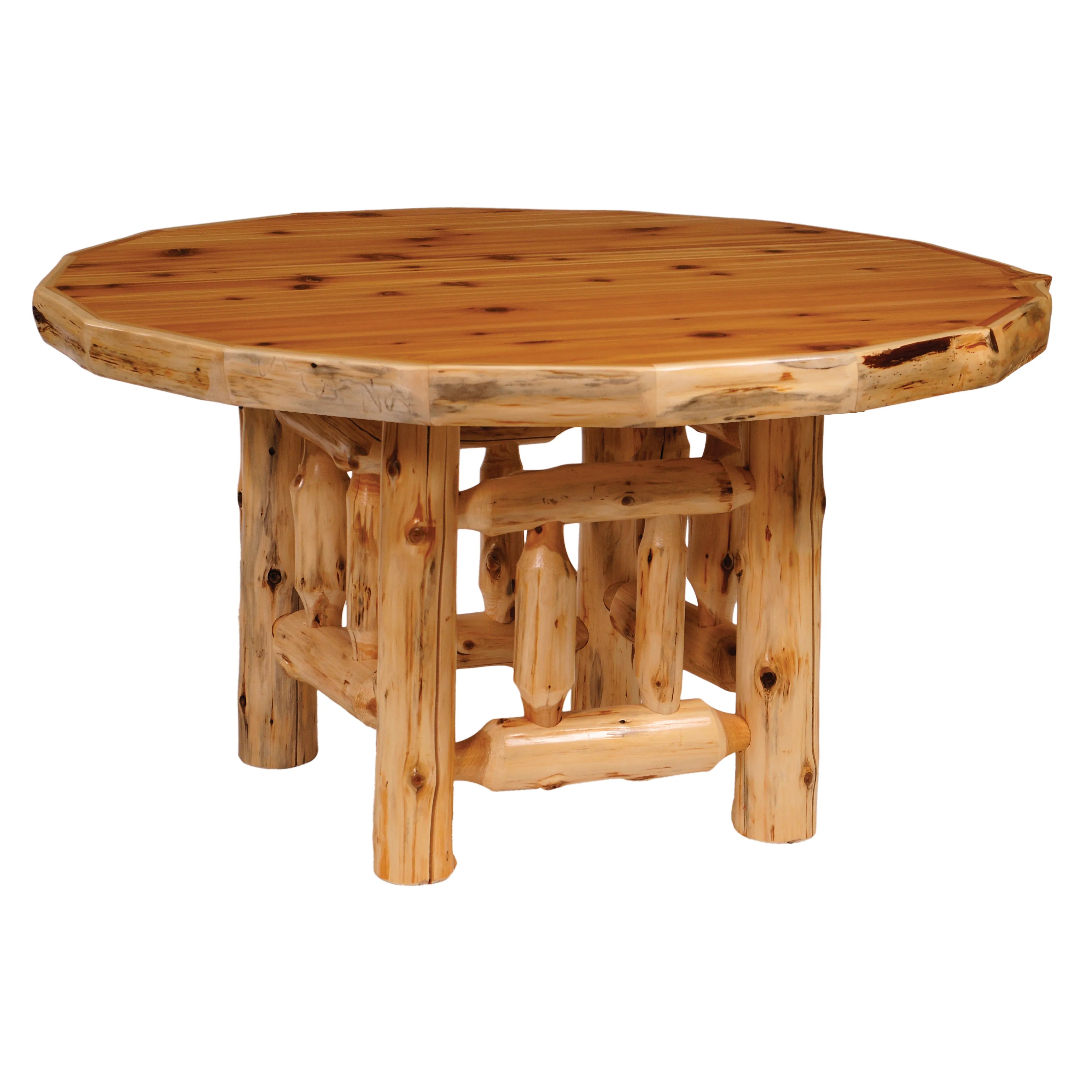 Round cedar log dining table with natural wood top and handcrafted log base in rustic lodge style, American made solid wood furniture