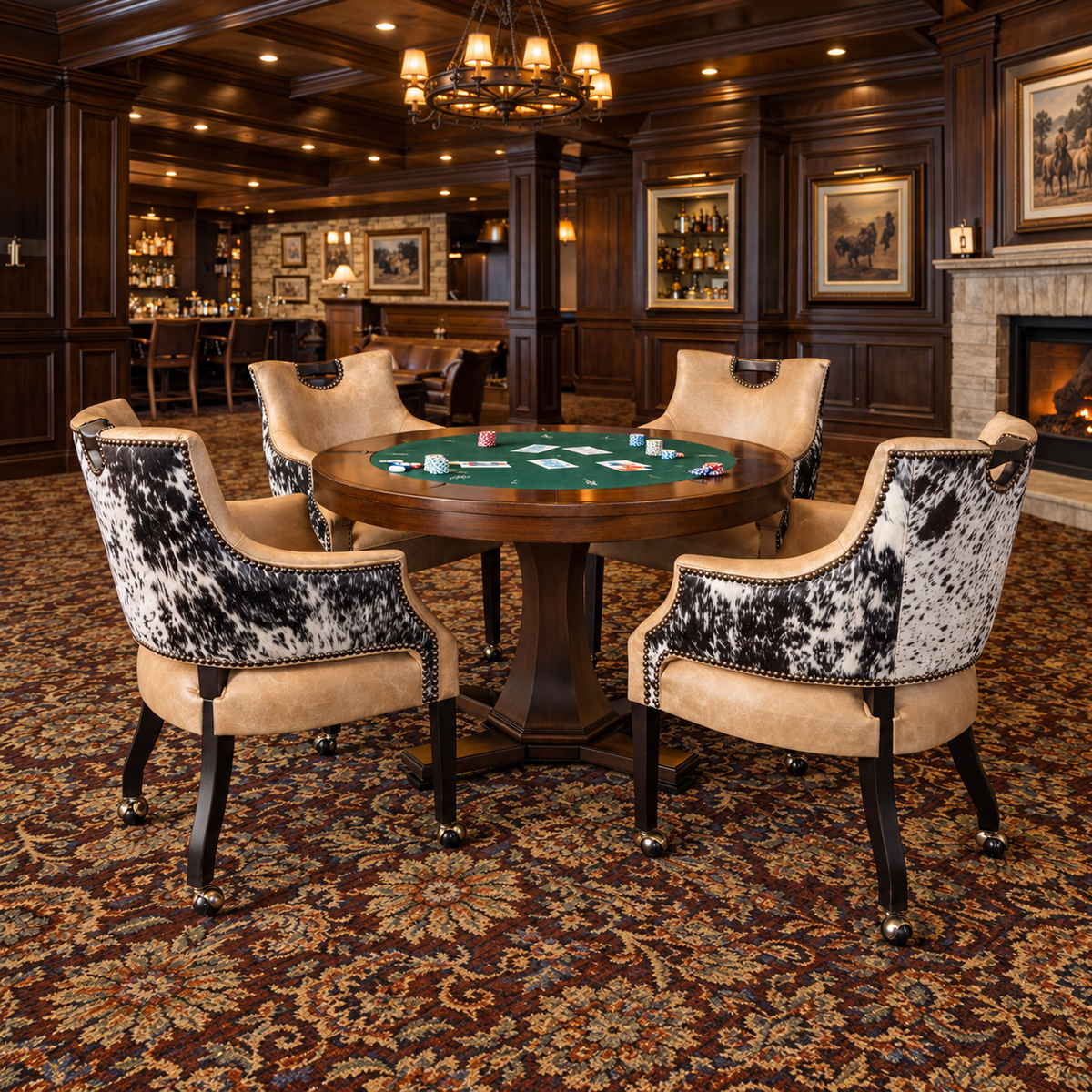 A round wooden poker table with a green felt playing surface surrounded by four high-back chairs upholstered in black-and-white cowhide with beige seat panels, set in a dark wood-paneled lounge or bar interior with patterned carpet and ambient lighting.