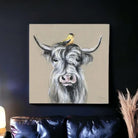 Canvas print of a cow with a bird on its head against a dark wall - Your Western Decor