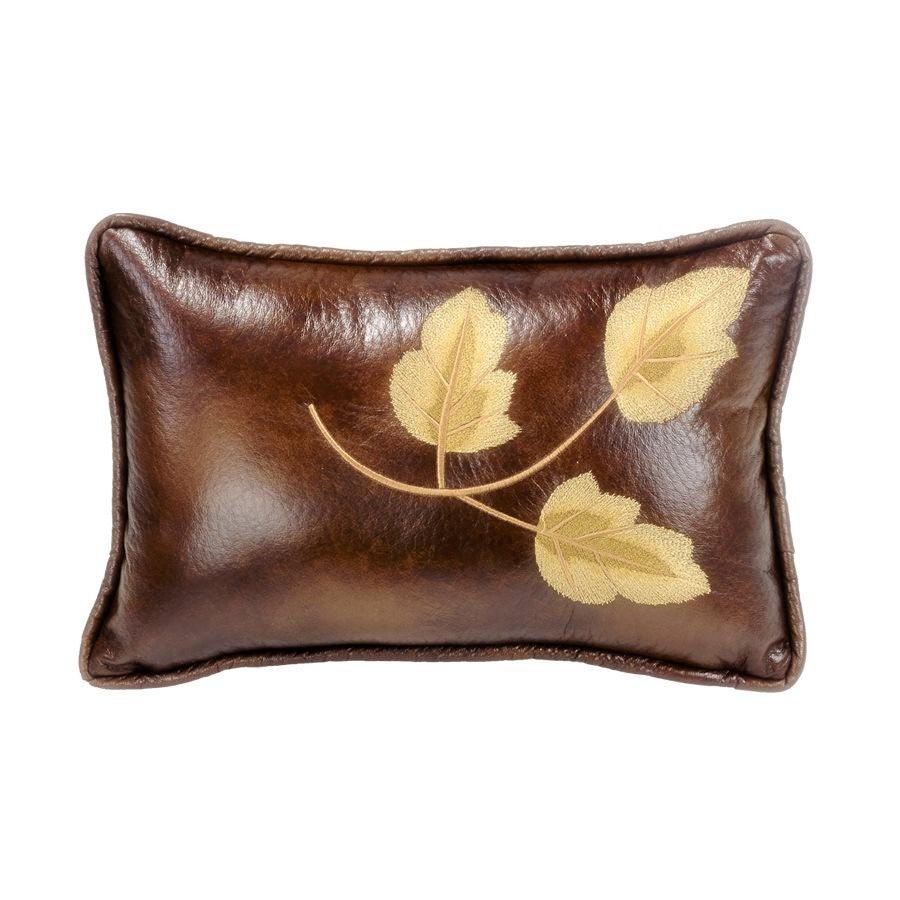 Highland lodge dark brown faux leather accent pillow with golden leaf embroidery - Your Western Decor