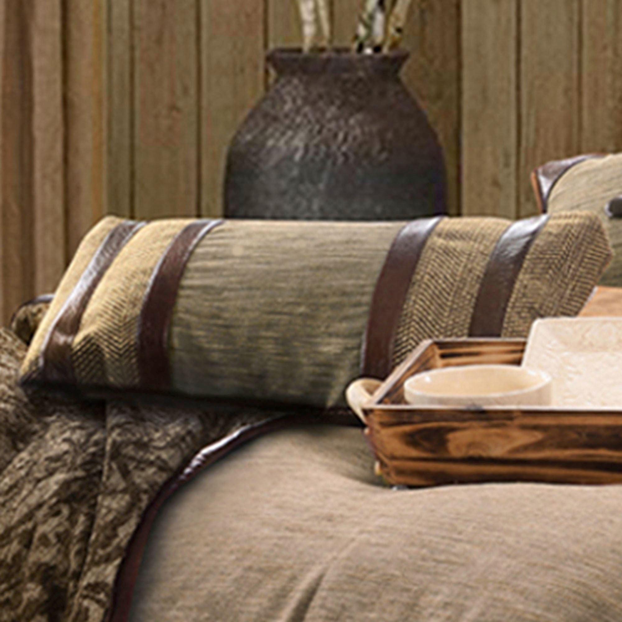 Highland lodge rustic lumbar pillow in herringbone with faux leather details - Your Western Decor