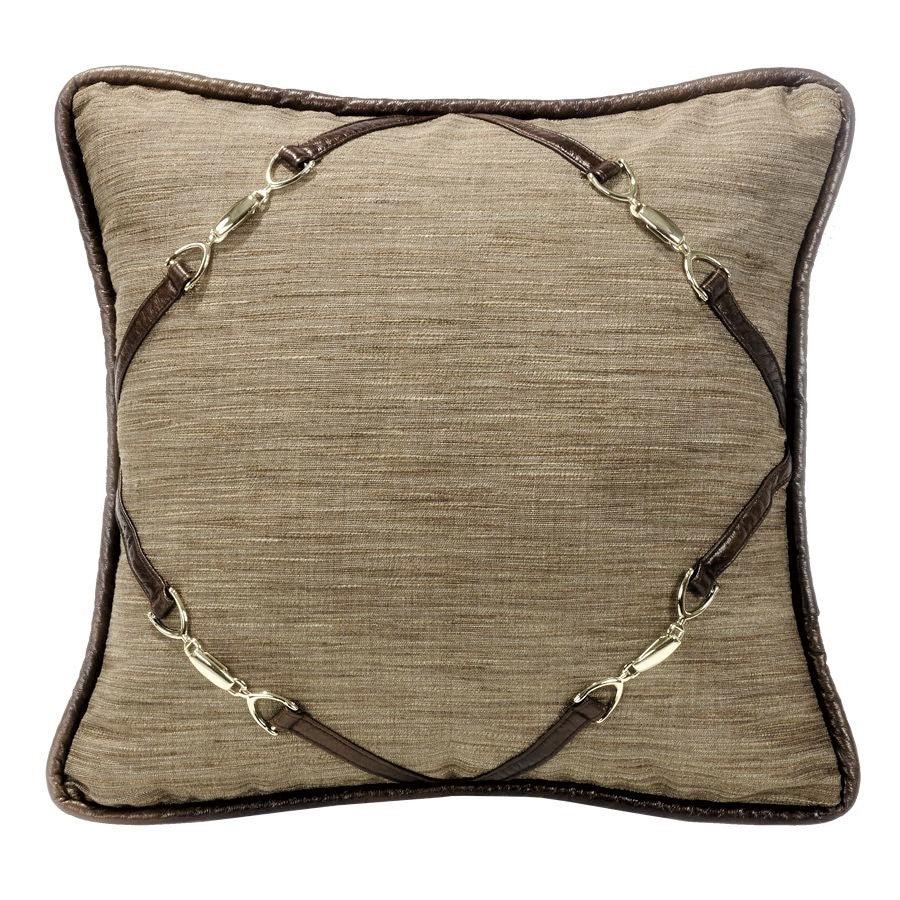 Taupe linen Highland Lodge Throw Pillow w/ Buckle Corners and faux leather - Your Western Decor