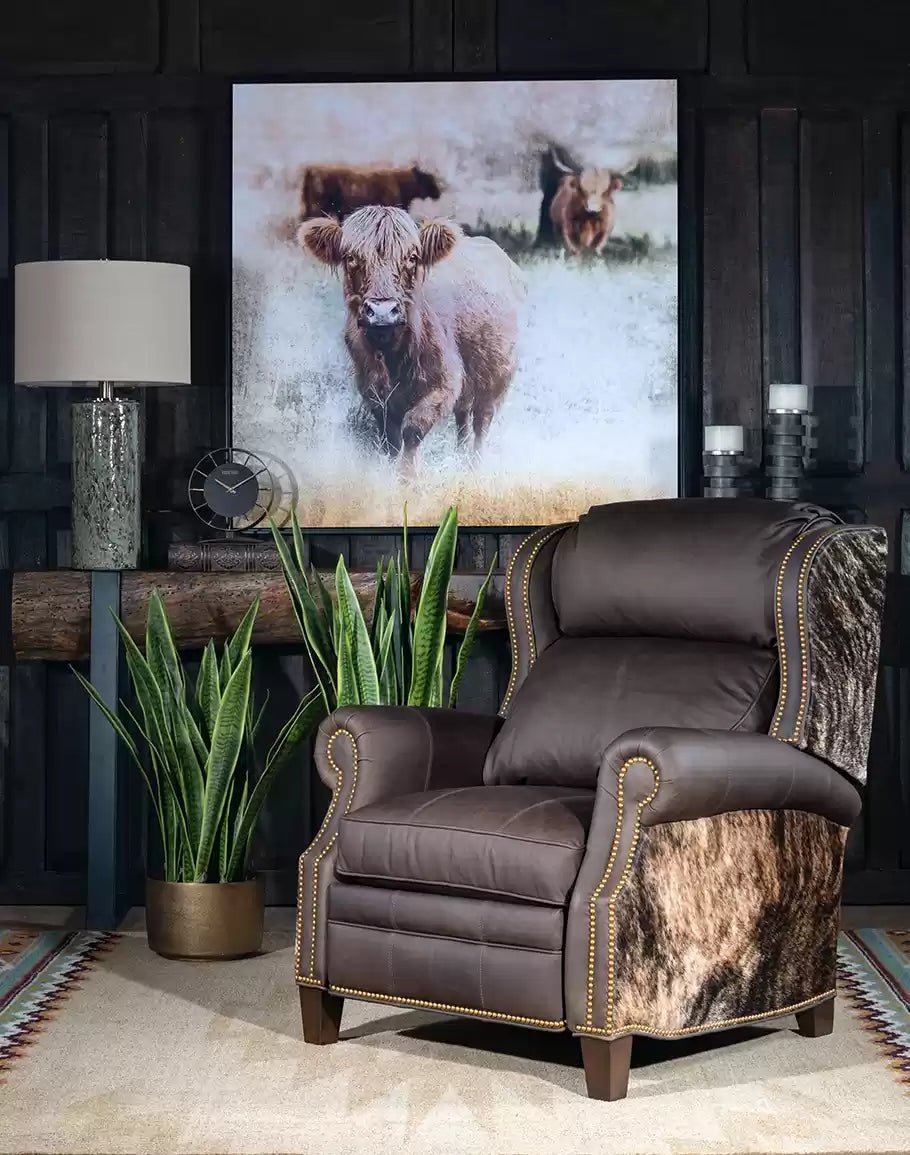 Highlander Calf Canvas Art with Jersey Western Leather Recliner made in the USA - Your Western Decor