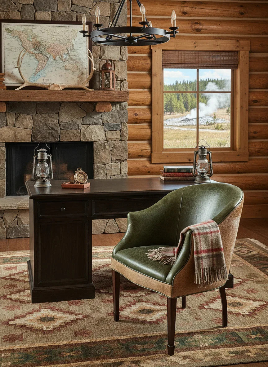 Log cabin interior with a desk, chair, and window view of nature - Your Western Decor