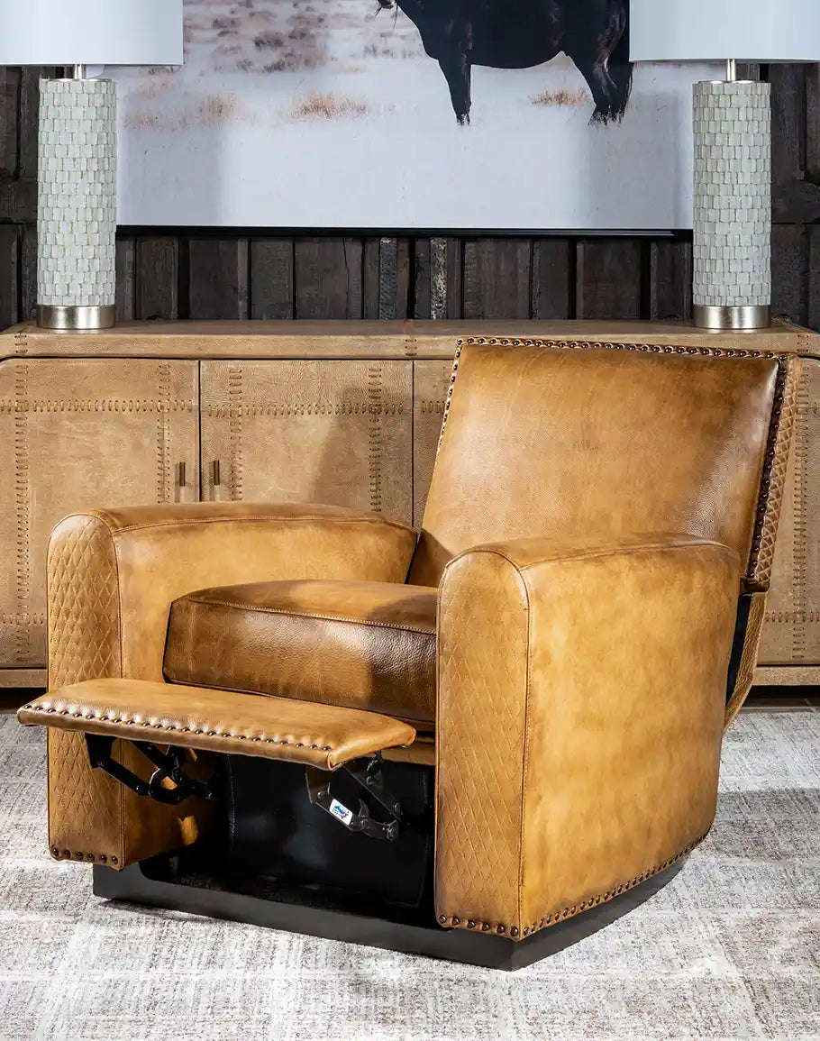 Honeycomb Leather Recliner in hand-burnished tan saddle leather, made in the USA - Your Western Decor