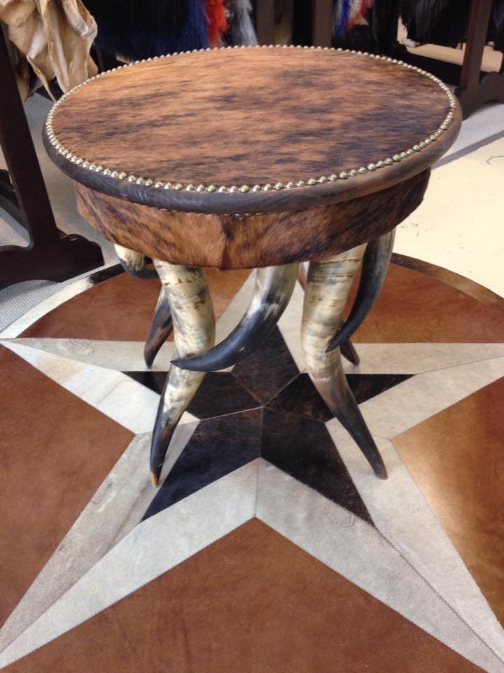 Round Cowhide & Horn Side Table - made in the USA - Your Western Decor