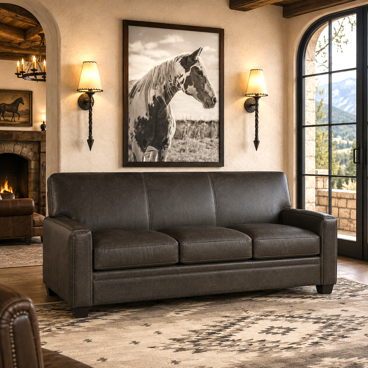 Houk Queen Leather Sleeper Sofa in luxury ranch living room