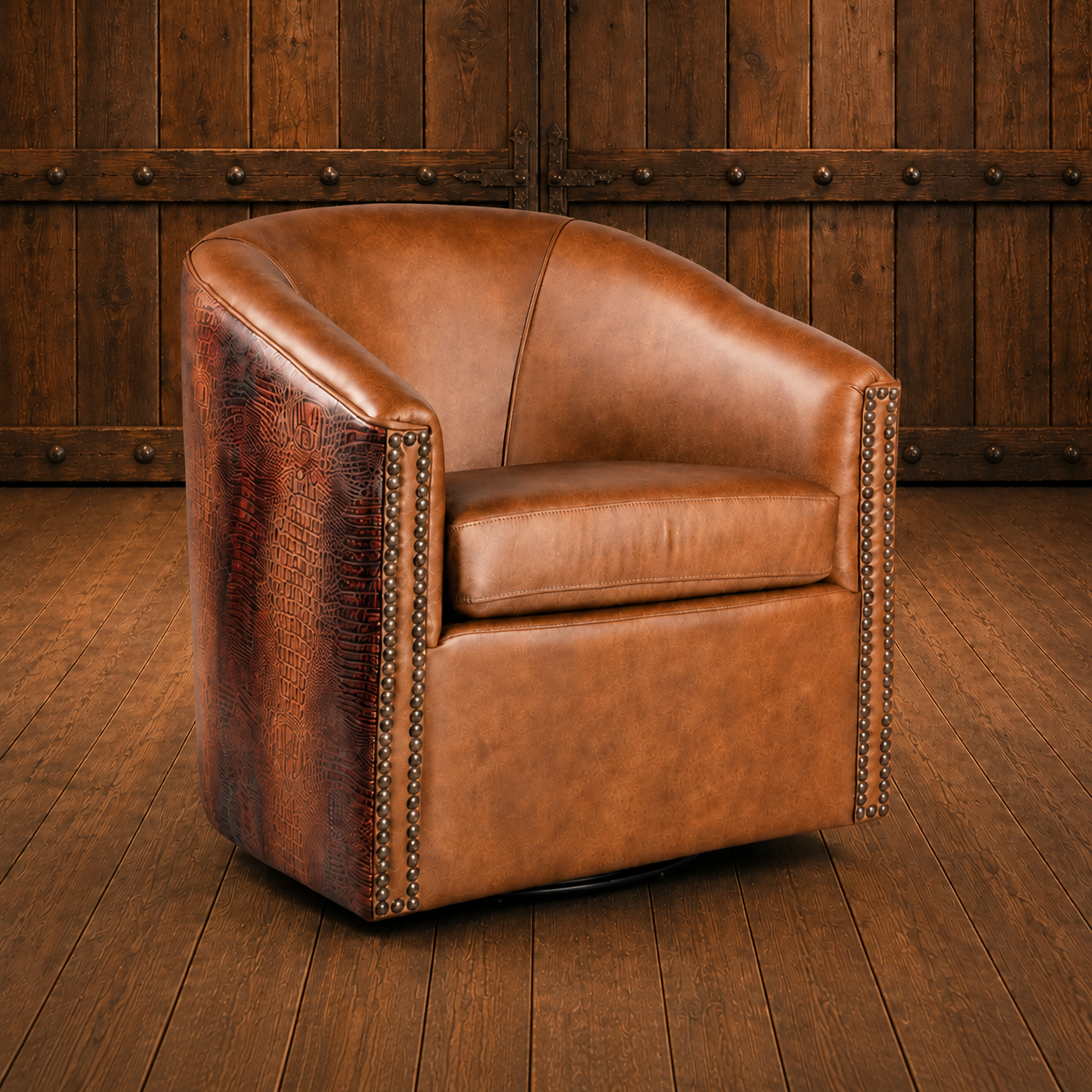 A brown leather barrel-style swivel chair with embossed croc leather, smooth leather, and nailhead trim, set against a rustic dark wood paneled wall and matching wood floor.