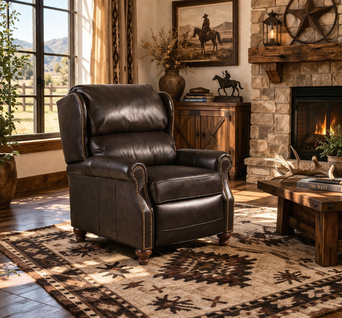 houston western leather recliner american made nailhead trim in a western themed living room 