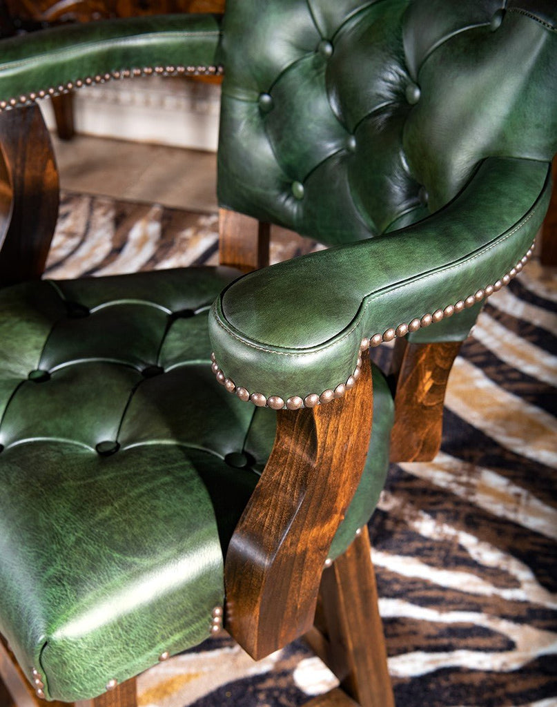 Hunter green leather western bar chair detail - Made in the USA - Your Western Decor