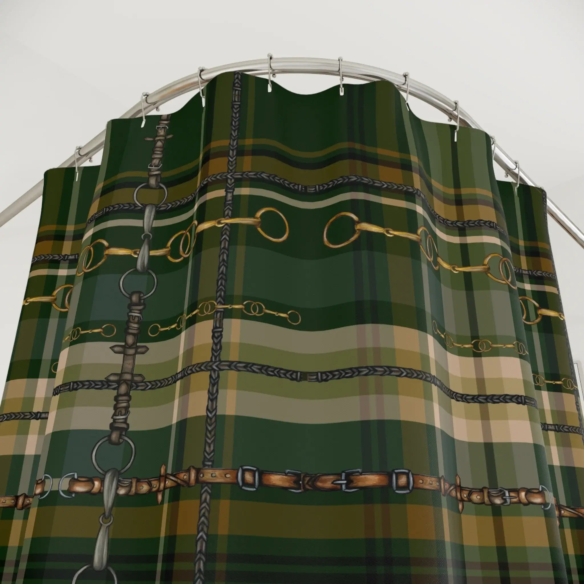 Snaffle bit green plaid shower curtain - Your Western Decor