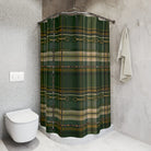 Green plaid shower curtain in a bathroom with a toilet and towel - Your Western Decor