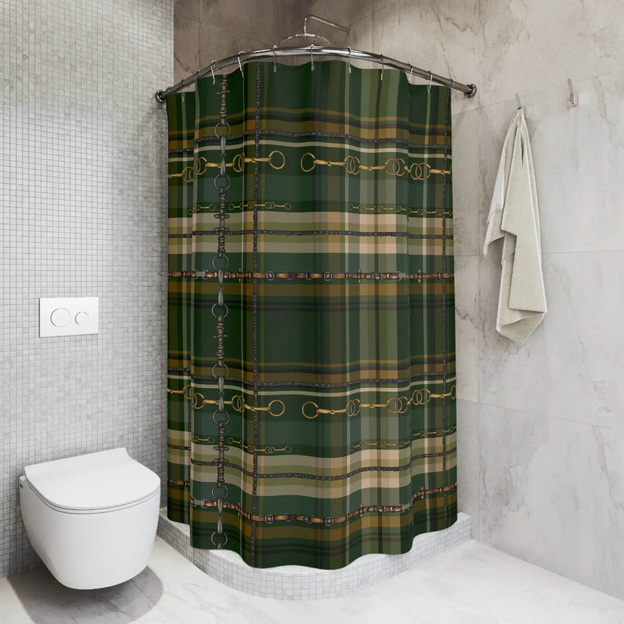 Green plaid shower curtain in a bathroom with a toilet and towel - Your Western Decor
