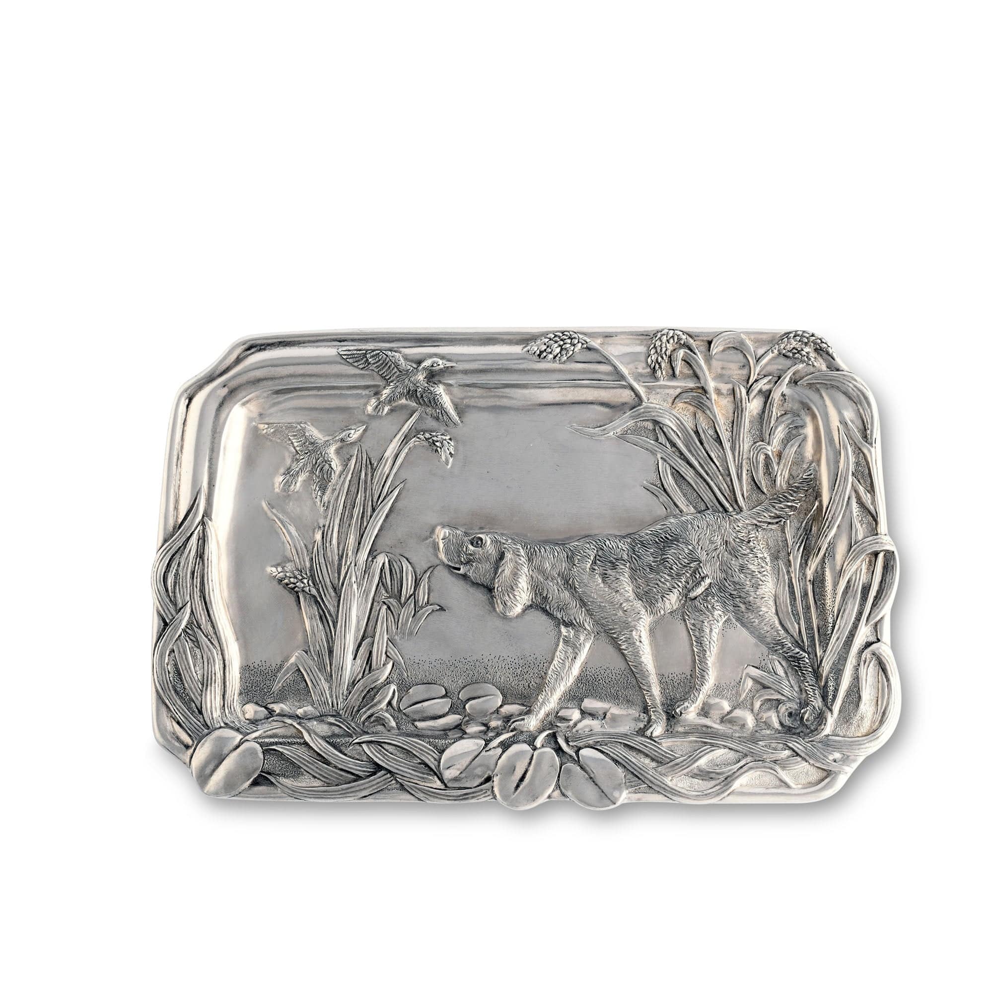 Hunting Dog Catch All Tray - Pewter - Dog hunting in pursuit of his quarry - detailed - Your Western Decor