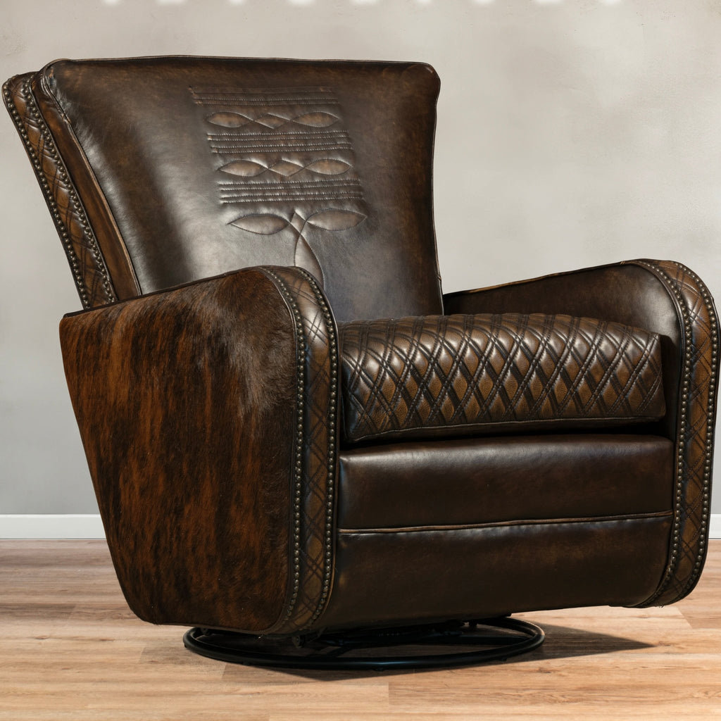 Hurley Boot StitchWestern Leather Swivel Chair with Brindle Cowhide Back and Sides - Your Western Decor