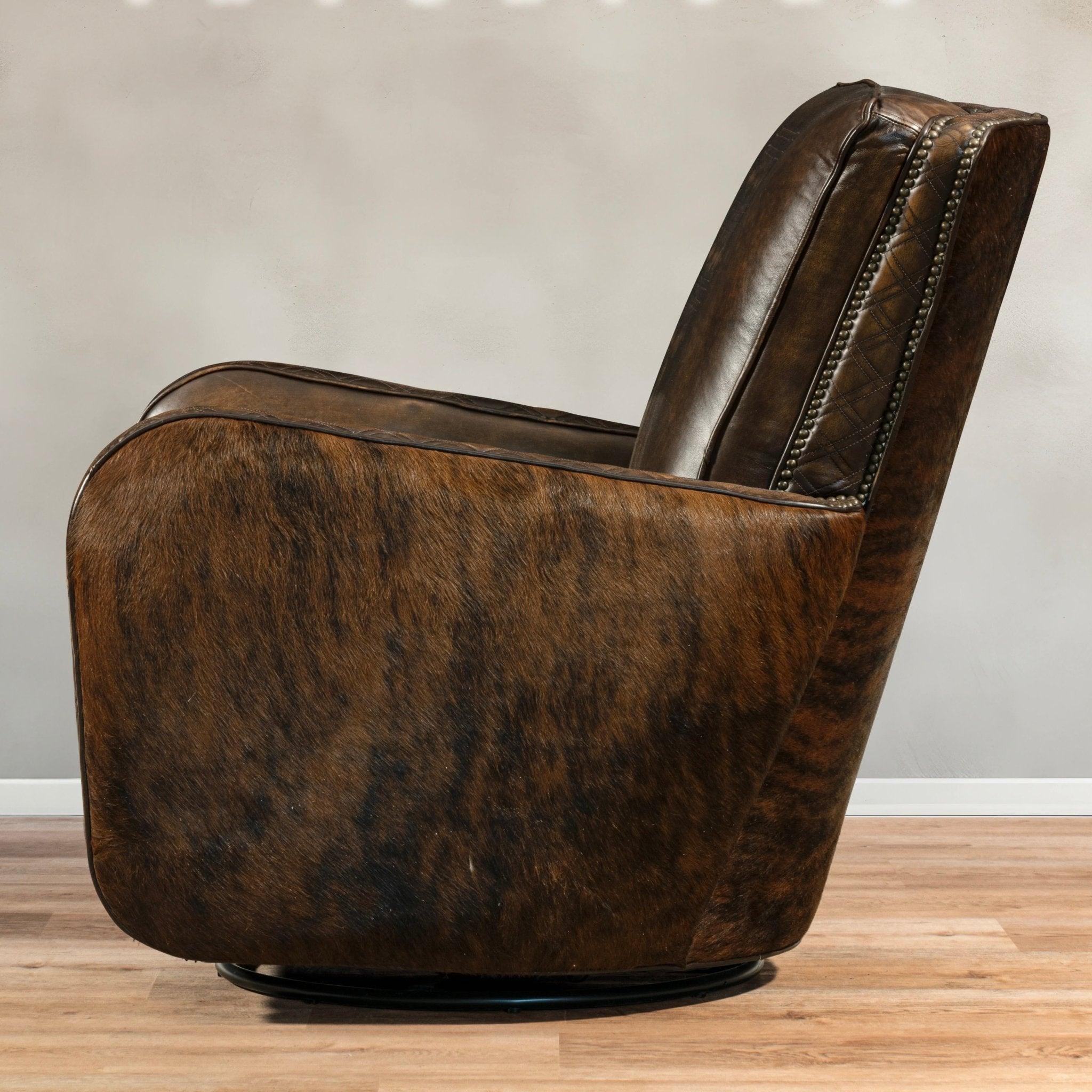 Hurley Boot StitchWestern Leather Swivel Chair with Brindle Cowhide Back and Sides - Your Western Decor