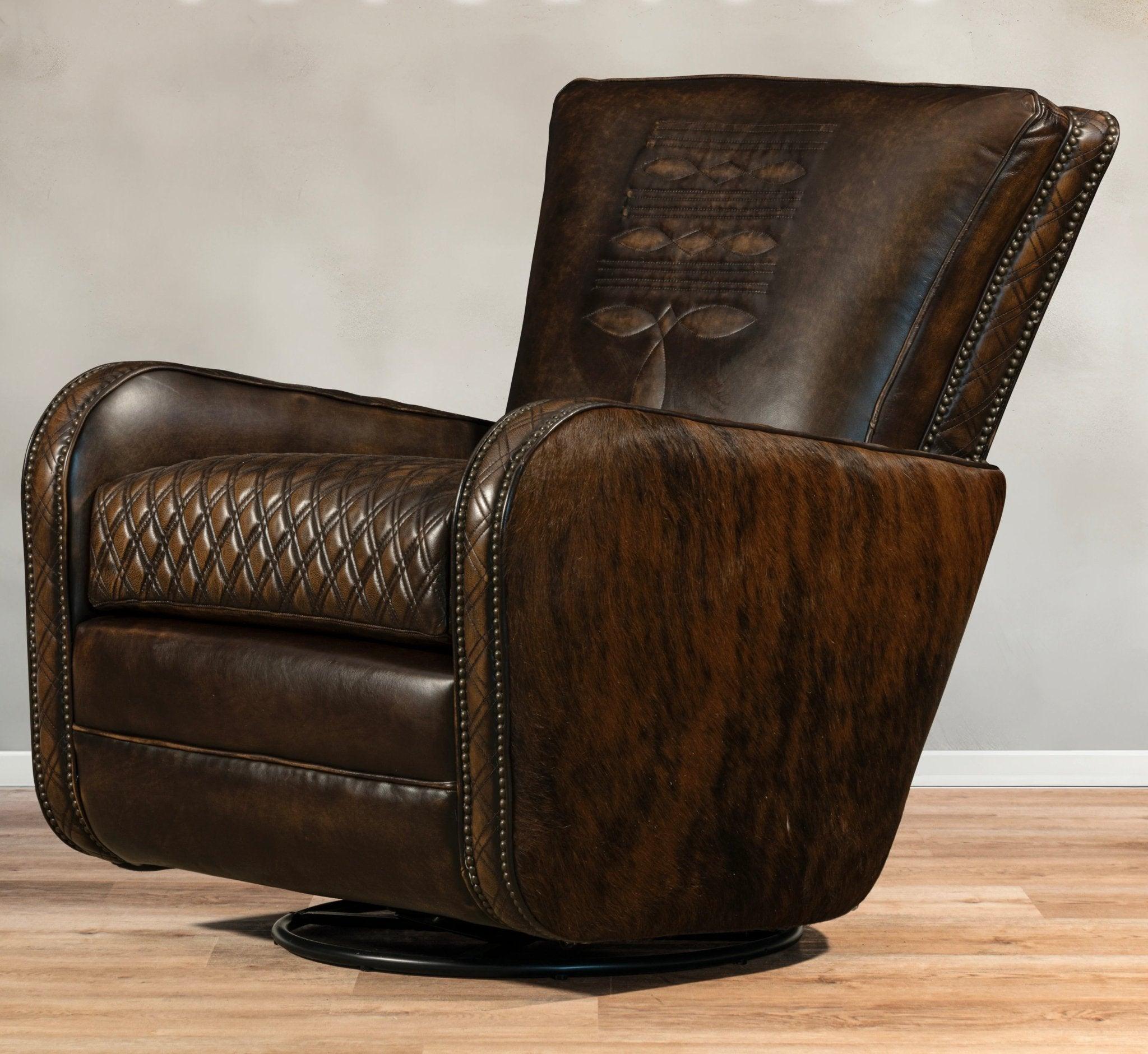 Hurley Boot StitchWestern Leather Swivel Chair with Brindle Cowhide Back and Sides - Your Western Decor