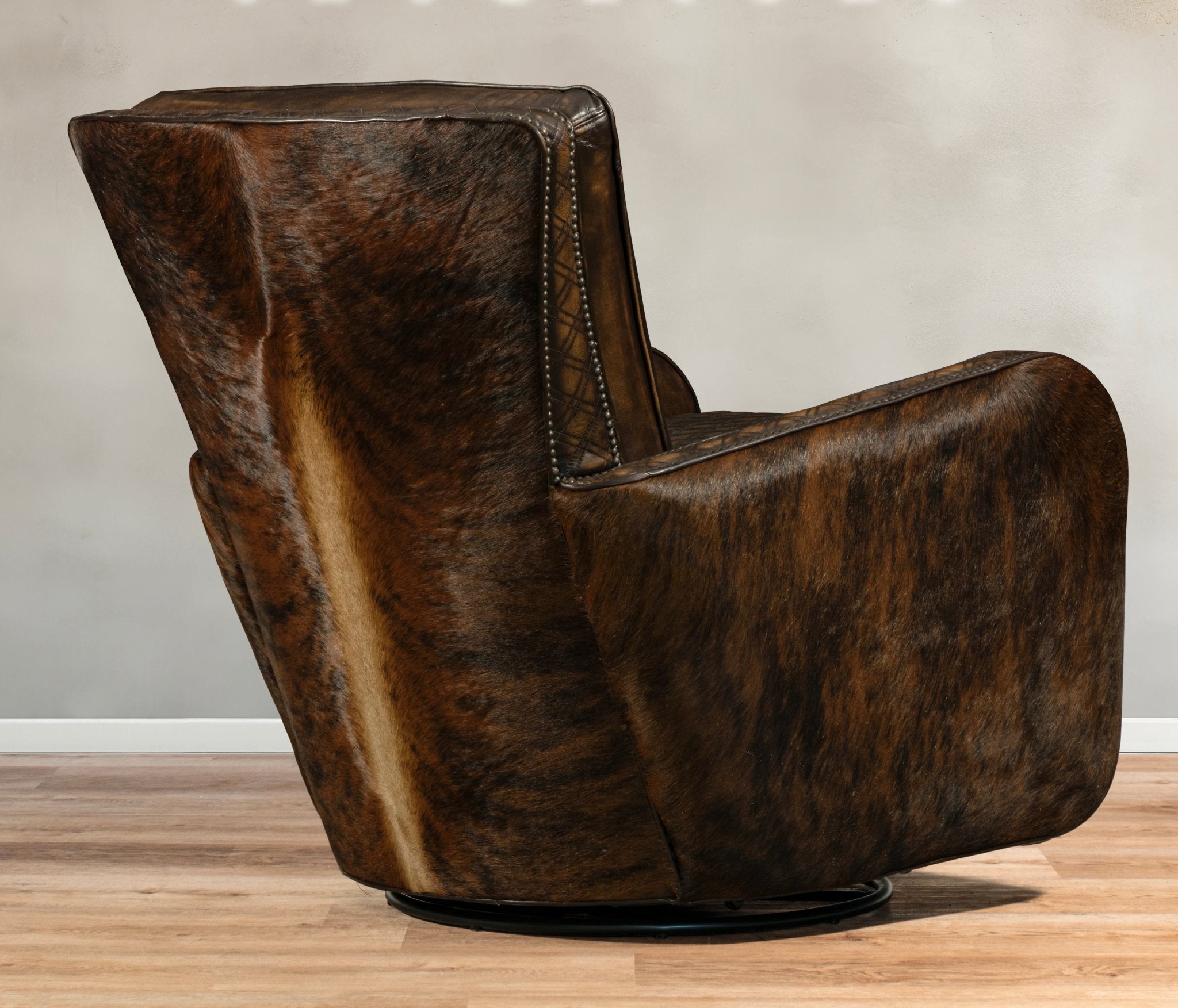 Hurley Boot StitchWestern Leather Swivel Chair with Brindle Cowhide Back and Sides - Your Western Decor