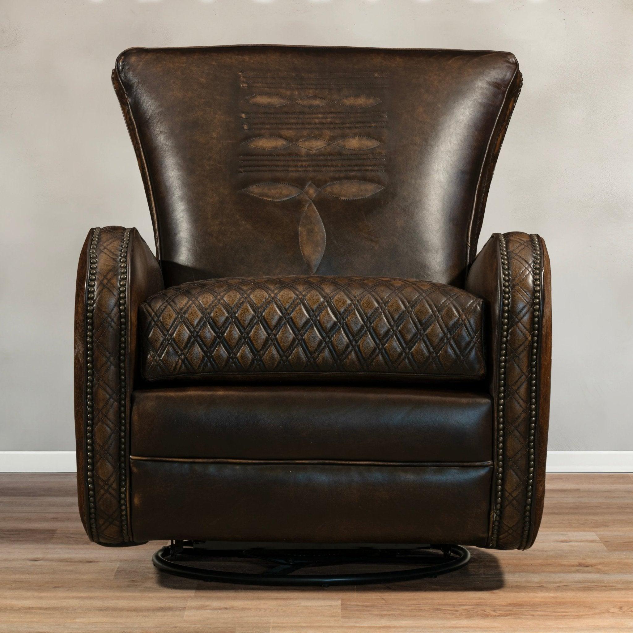 Hurley Boot StitchWestern Leather Swivel Chair with Brindle Cowhide Back and Sides - Your Western Decor