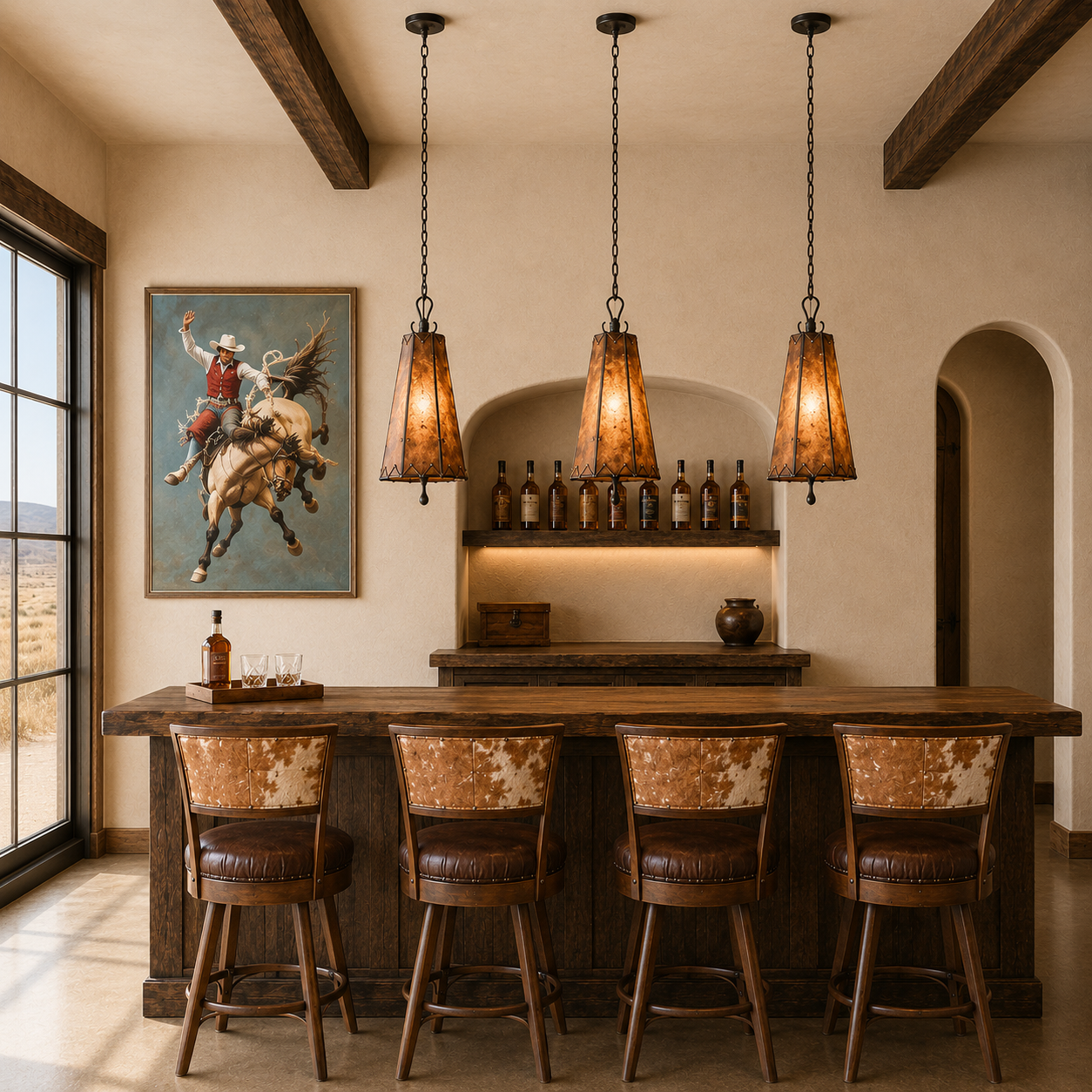 Bar area with wooden counter, leather chairs, and rustic decor.