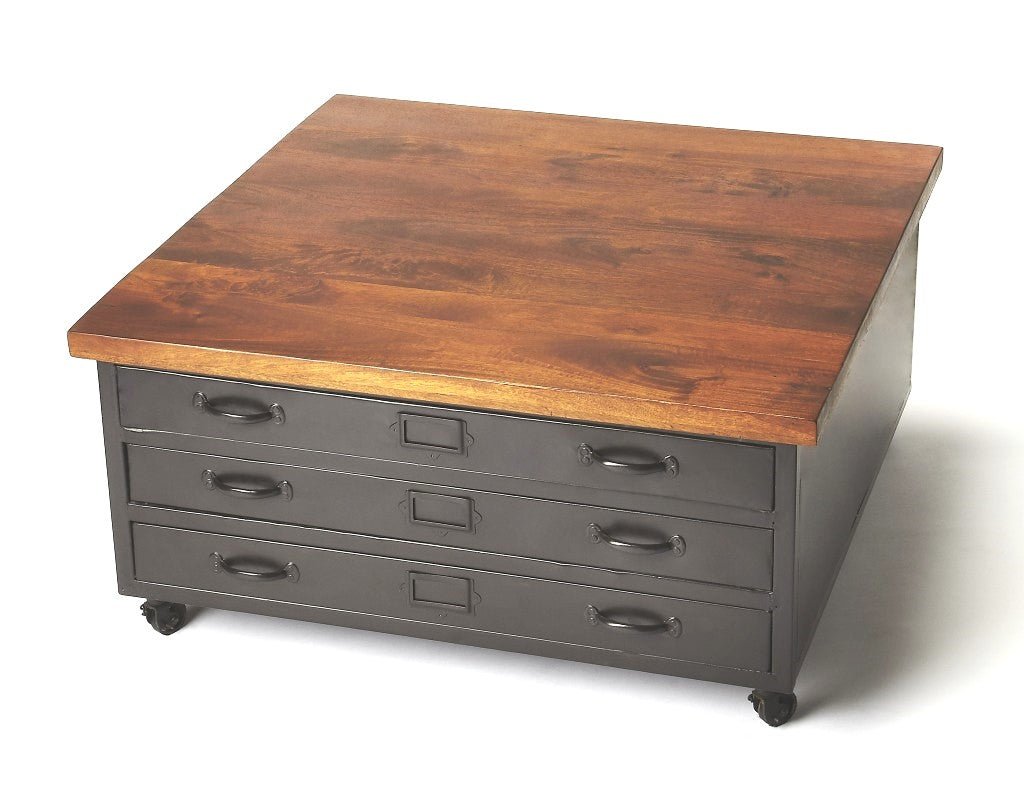 Industrial Square Coffee Table with drawers and casters  - Your Western Decor