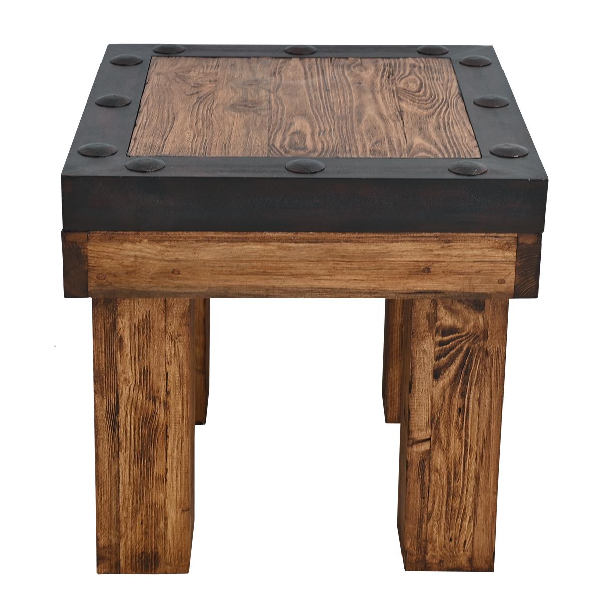 Side view of rustic wood and iron end table