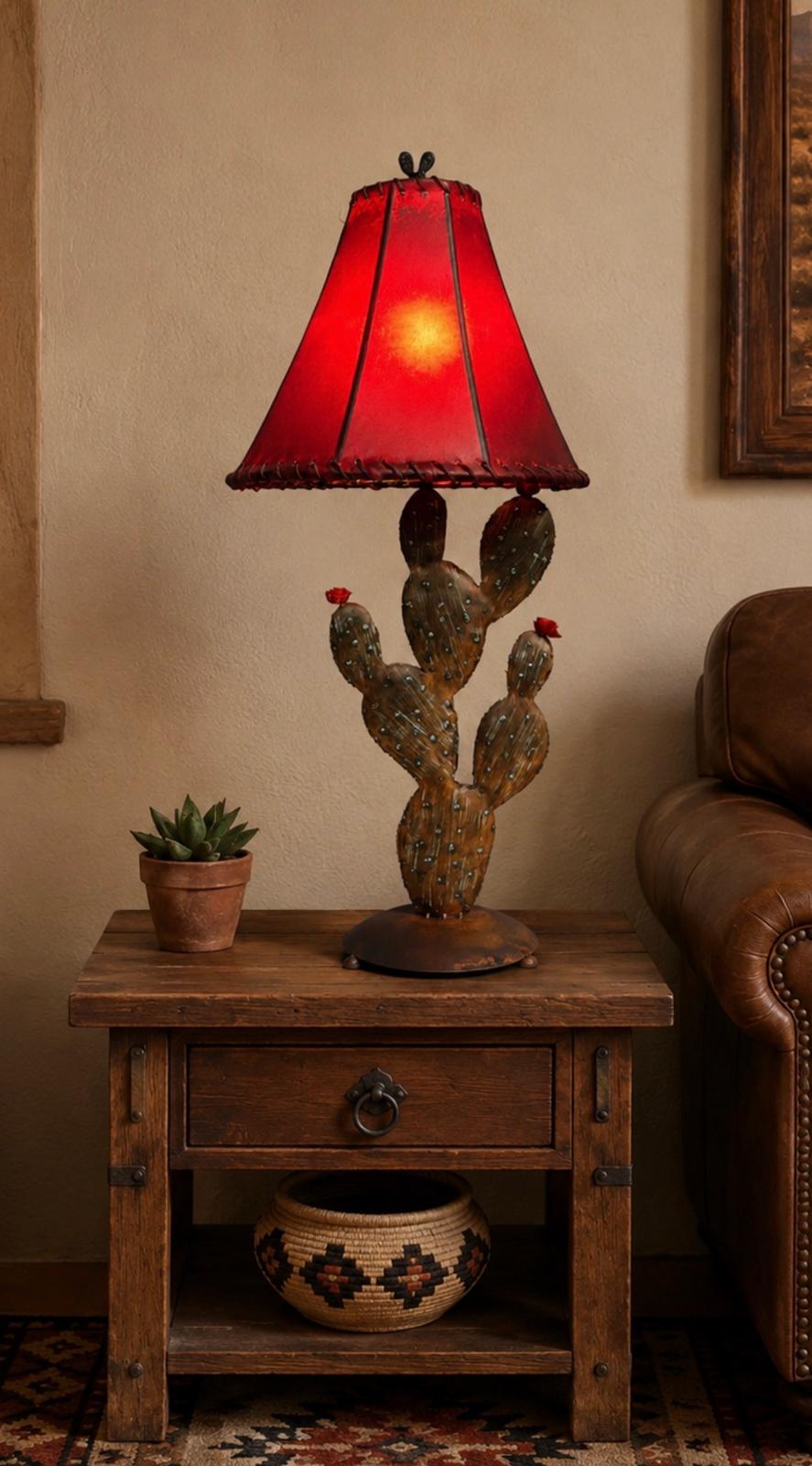 Iron desert cactus table lamp with red rawhide lampshade 
