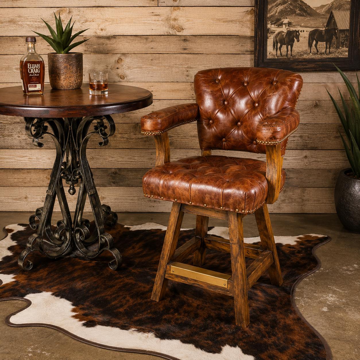 iron pub table with tufted leather swivel bar chair 