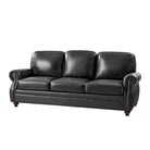 Iron ranch black leather sofa with wood legs at an angle 