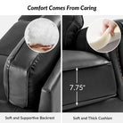 Black leather car seat with soft and thick cushion and backrest, showing comfort features.