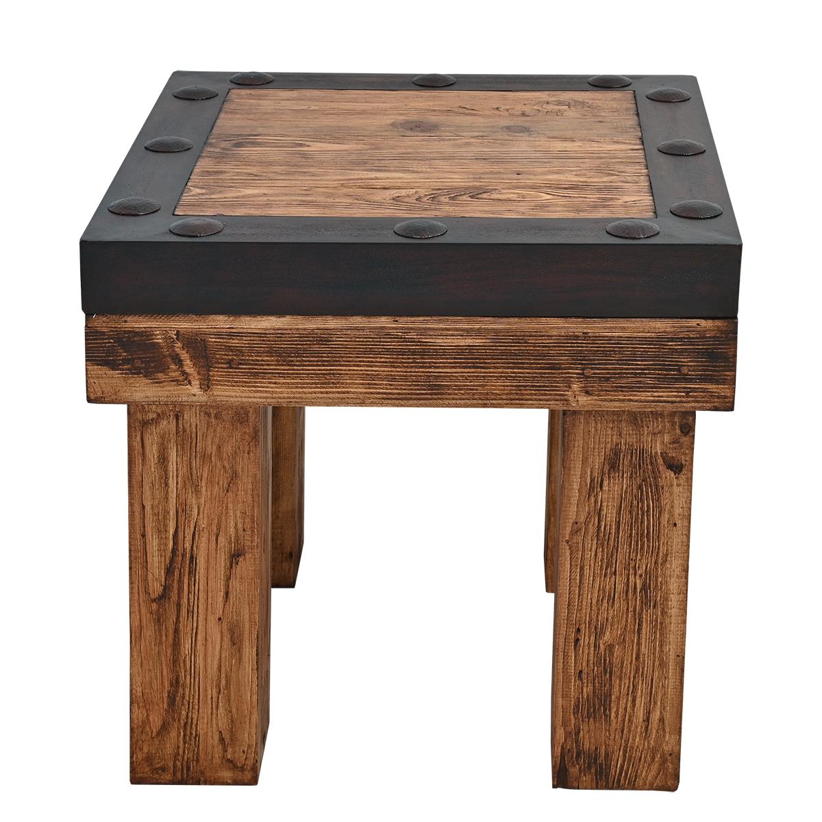 A rustic square side table with a dark brown wood grain top, a black metal frame with round metal studs, and four thick wooden legs, shown on a plain white background.