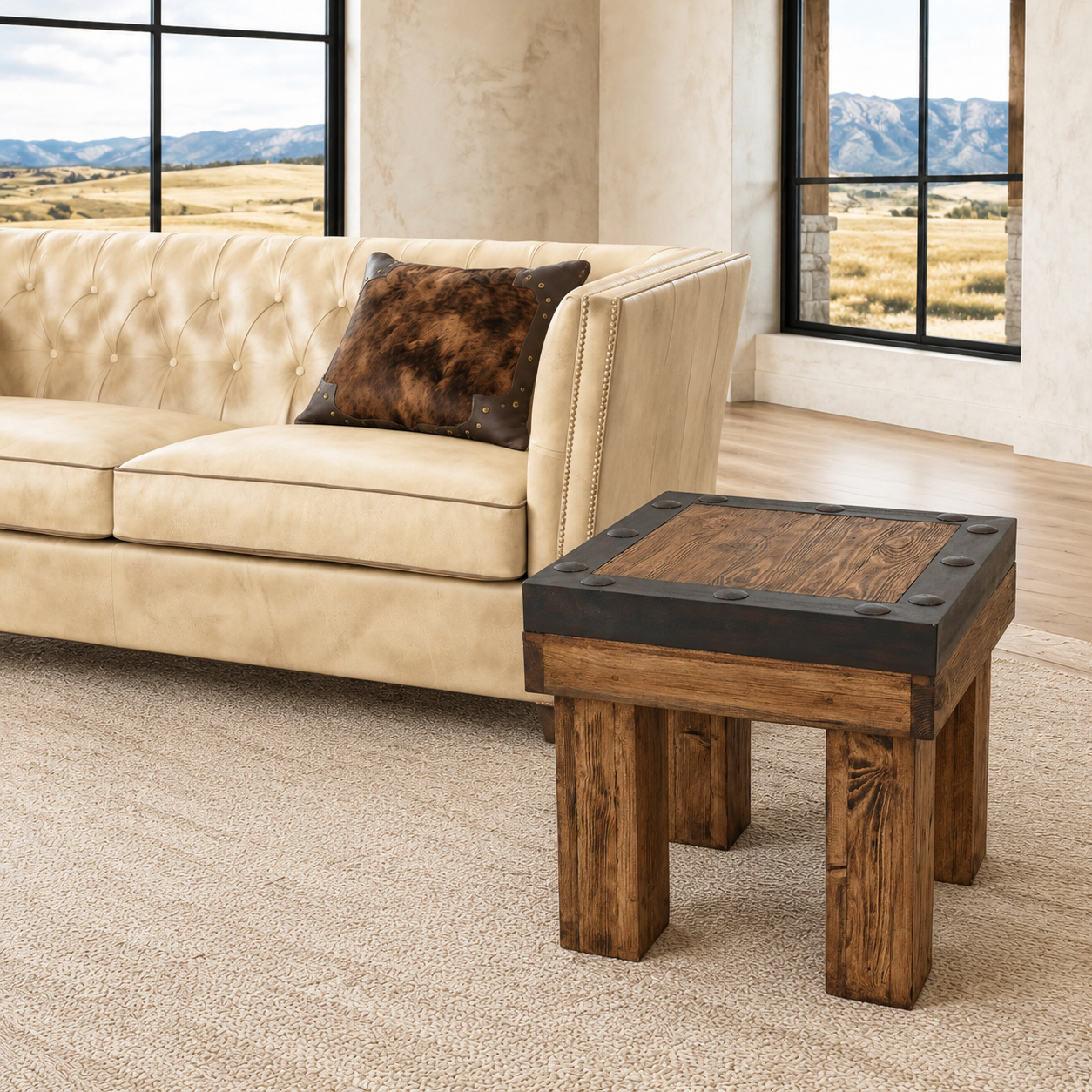 A rustic wooden end table with a dark metal top frame sits next to a beige leather sofa in a bright living room with large windows showing a mountain landscape.