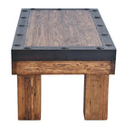 End view of Ironbound rustic timber beam-style coffee table 