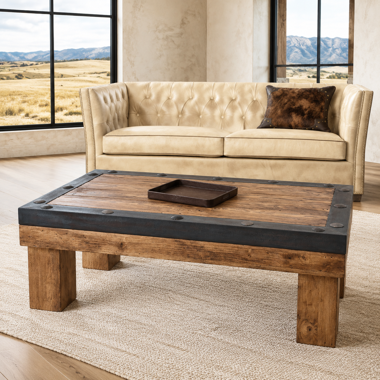 Ironbound Timber rustic wood and iron coffee table in a Western ranch living room with tufted leather sofa and cowhide throw pillow 