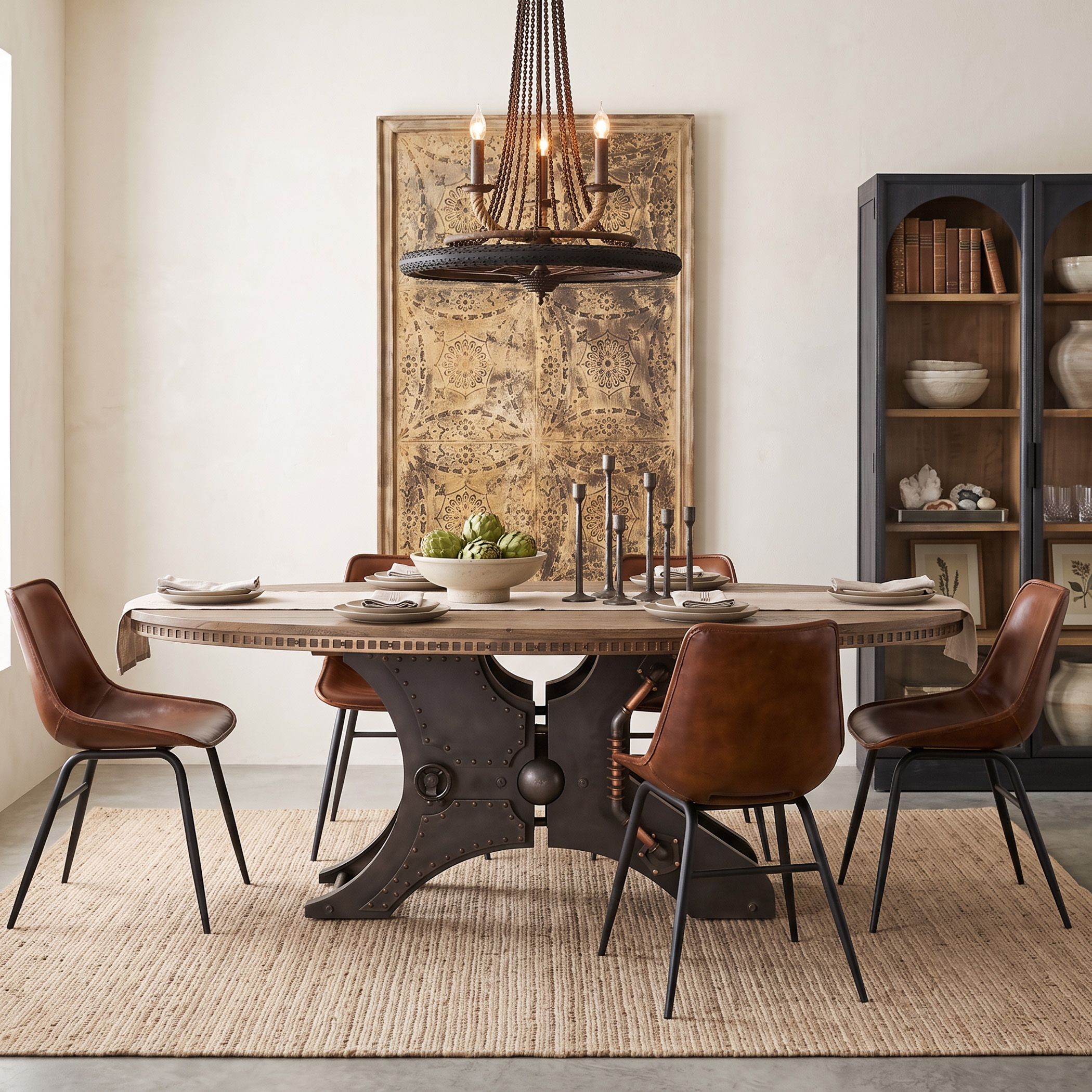 An industrial-style round dining table with a dark metal pedestal base and a light wood top, surrounded by six brown leather chairs with black metal legs, set in a styled dining room.