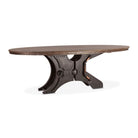 Round wooden table with a metal industrial base on a white background