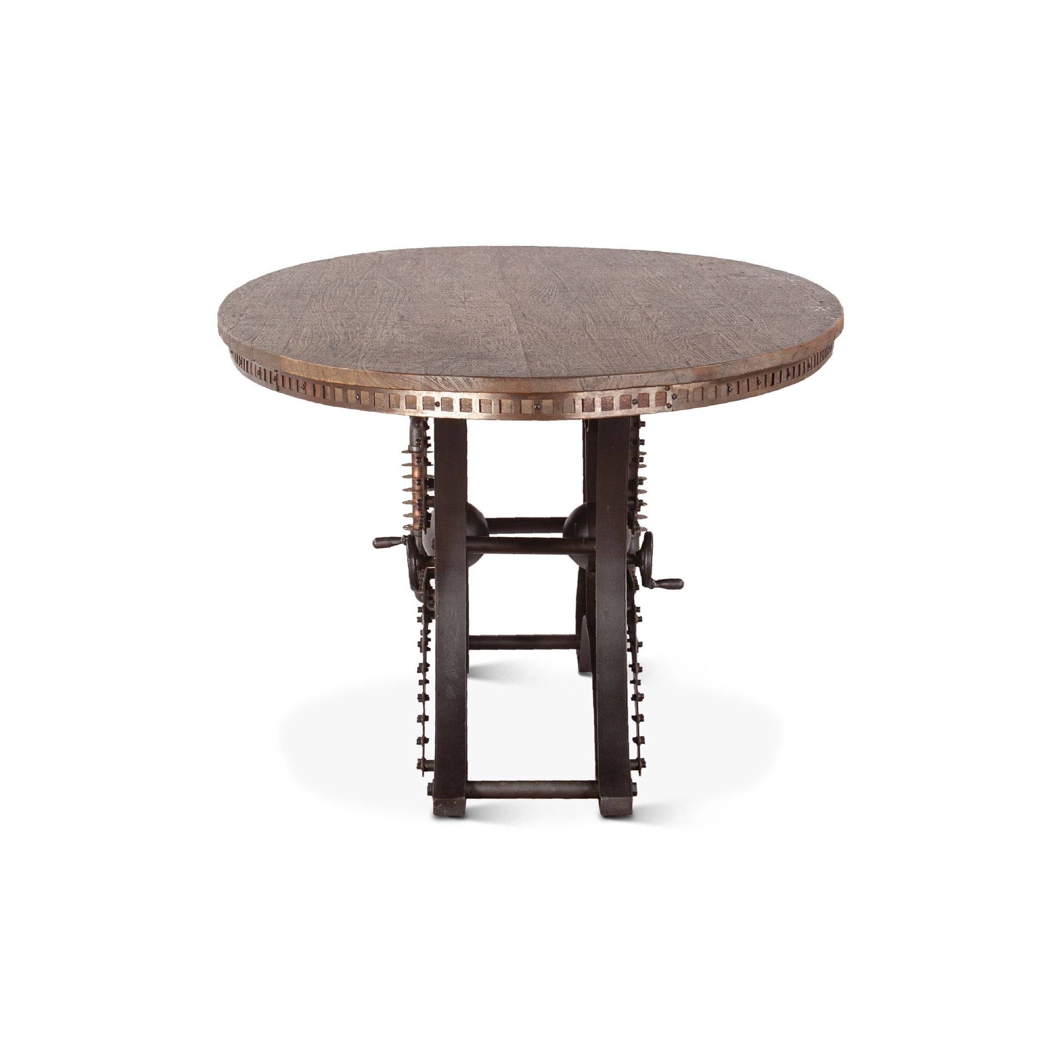 Round wooden table with metal base on a white background