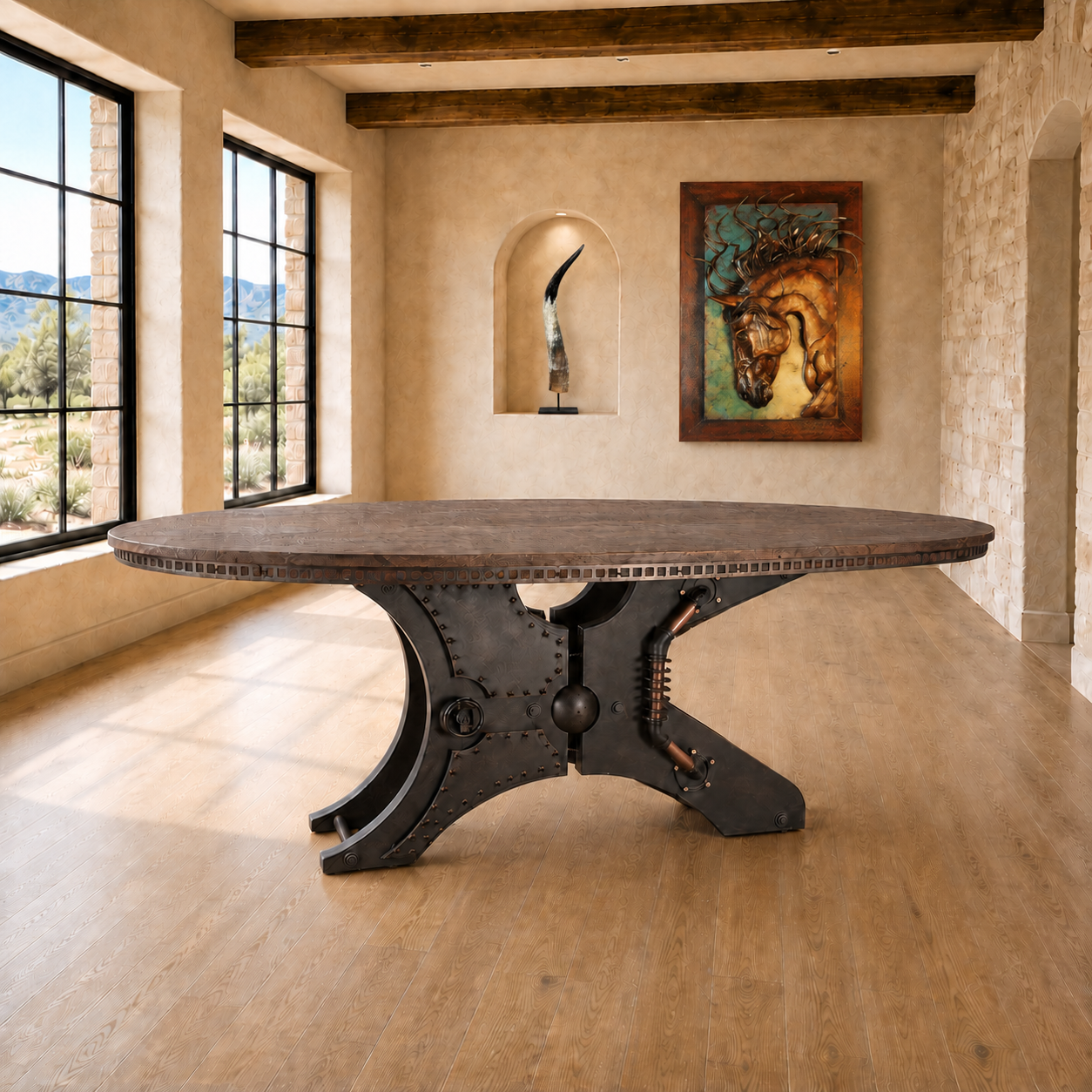 A rustic industrial dining table with a dark wood top and a heavy black metal trestle base, set in a modern dining room with stone walls and large windows.