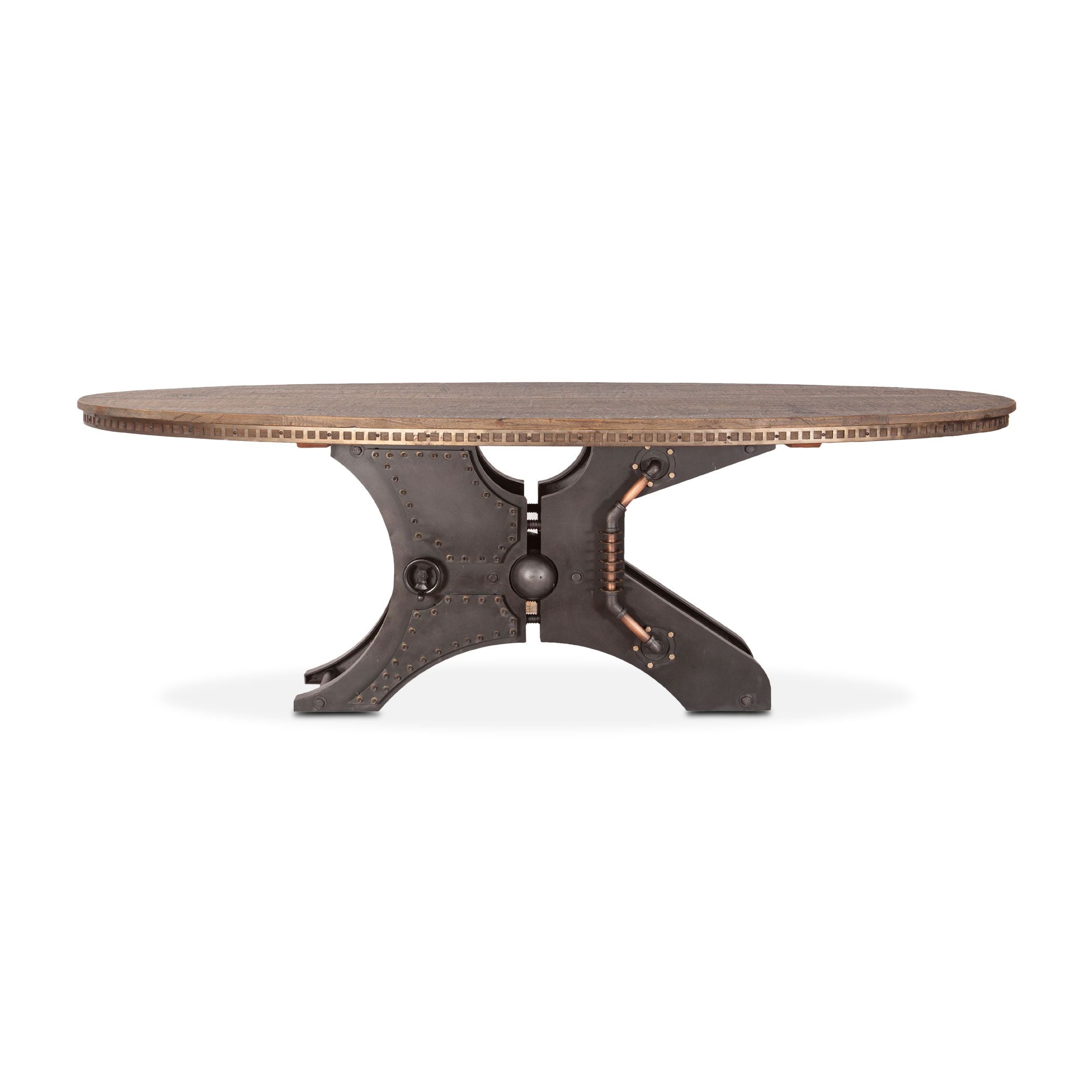 Round wooden table with metal base on a white background