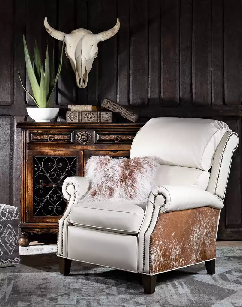 Ivory Leather & Cowhide Recliner made in the USA - Your Western Decor